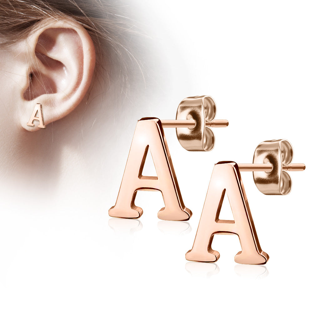 Alphabet Initial Earrings Rose Gold IP 316L Stainless Steel