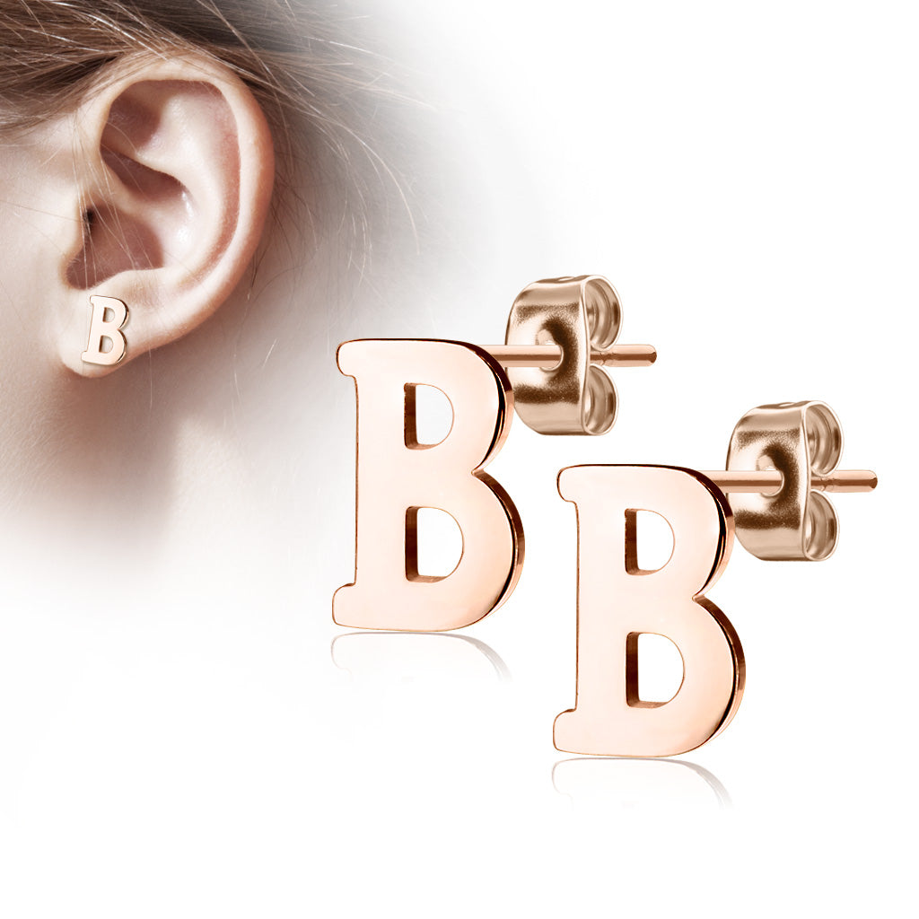 Alphabet Initial Earrings Rose Gold IP 316L Stainless Steel