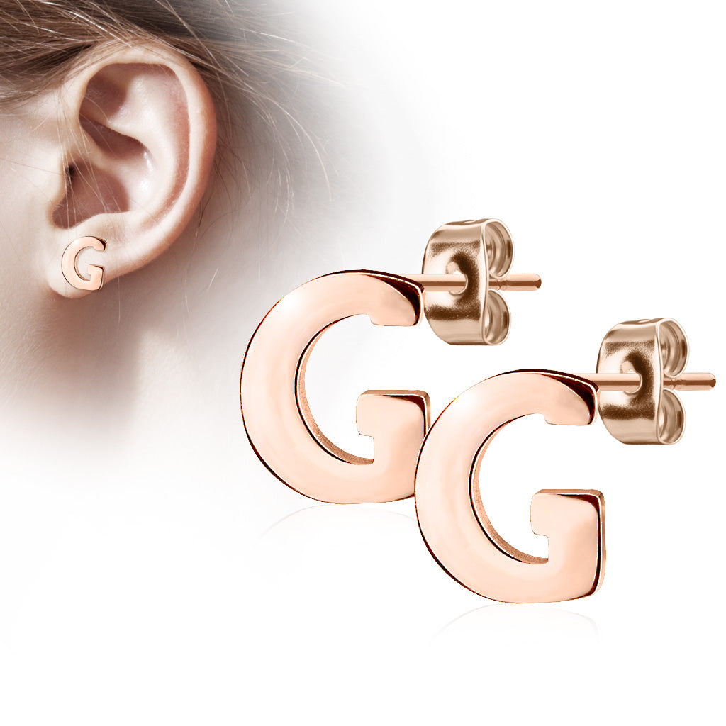 Alphabet Initial Earrings Rose Gold IP 316L Stainless Steel