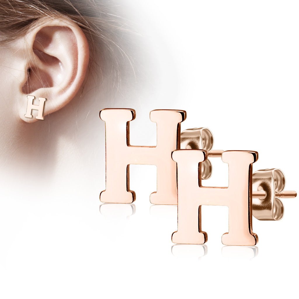 Alphabet Initial Earrings Rose Gold IP 316L Stainless Steel