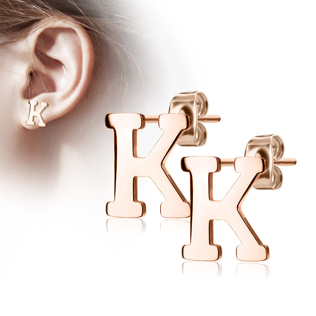 Alphabet Initial Earrings Rose Gold IP 316L Stainless Steel