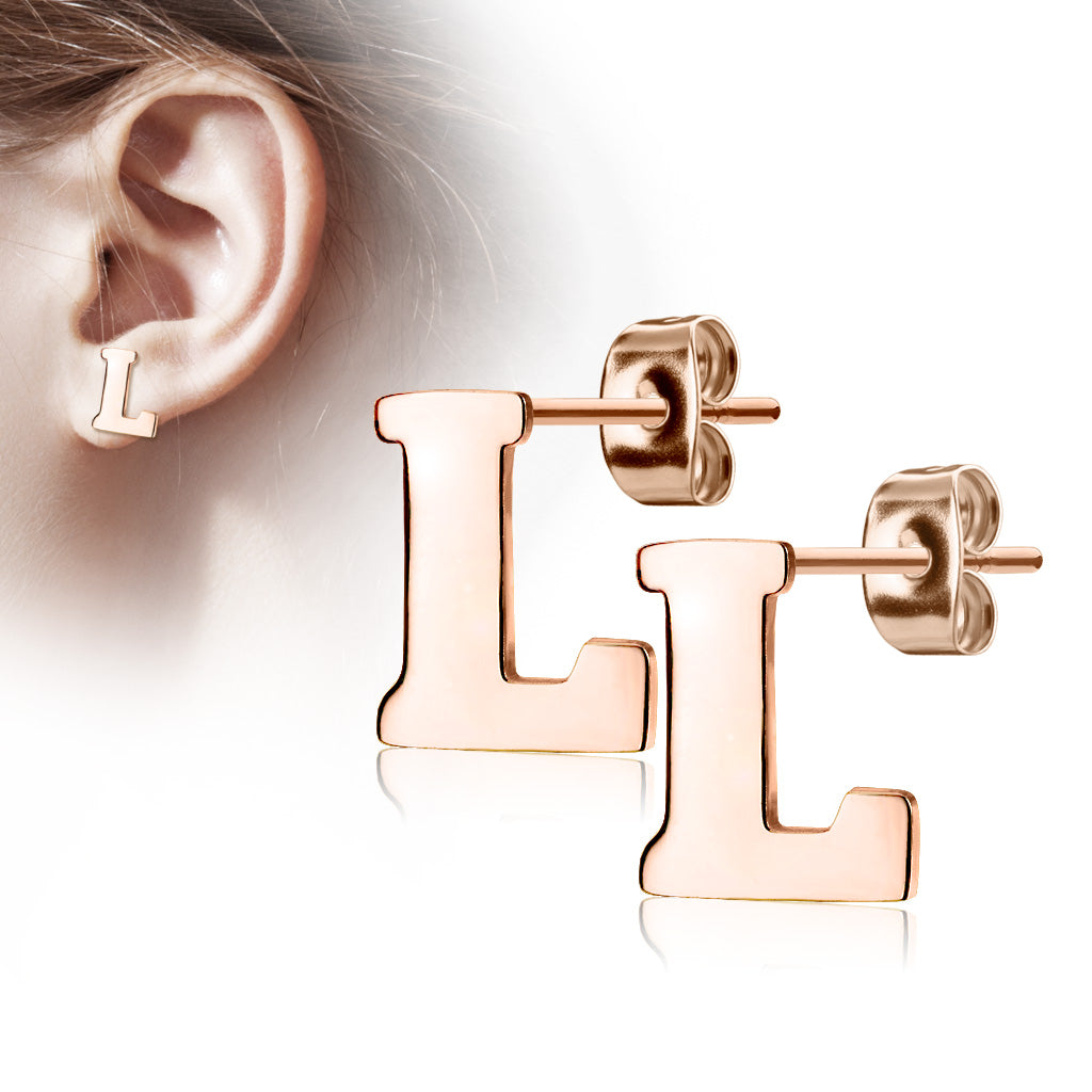 Alphabet Initial Earrings Rose Gold IP 316L Stainless Steel