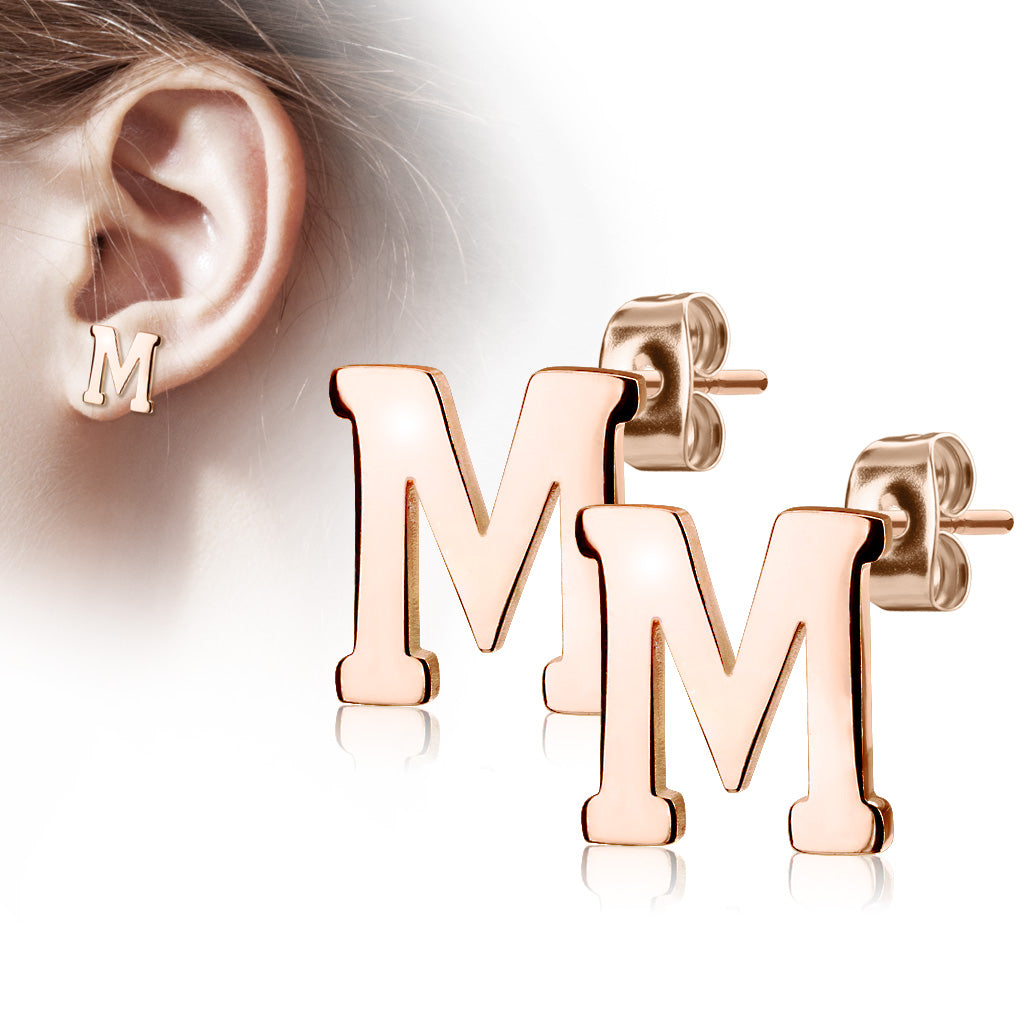 Alphabet Initial Earrings Rose Gold IP 316L Stainless Steel