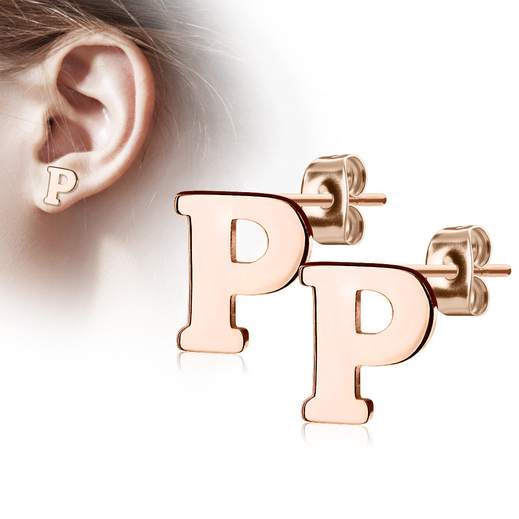 Alphabet Initial Earrings Rose Gold IP 316L Stainless Steel