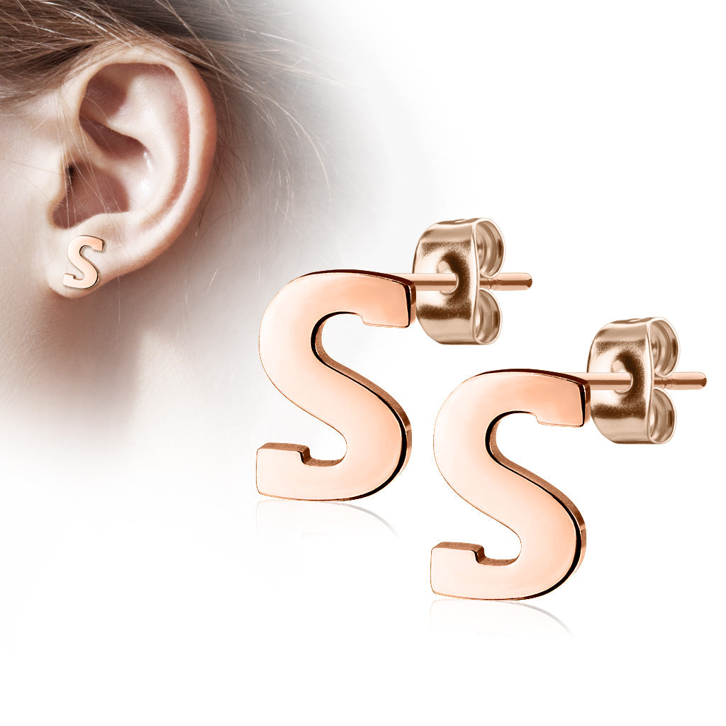 Alphabet Initial Earrings Rose Gold IP 316L Stainless Steel