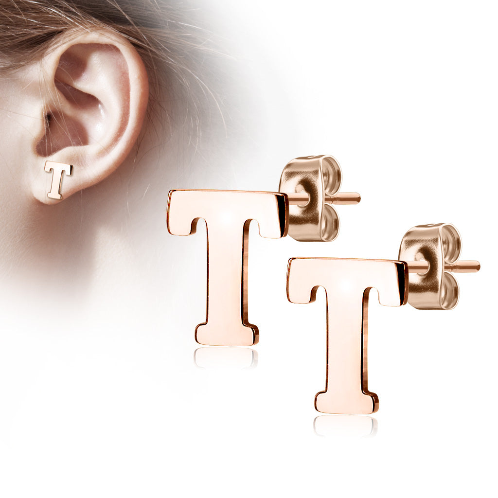 Alphabet Initial Earrings Rose Gold IP 316L Stainless Steel