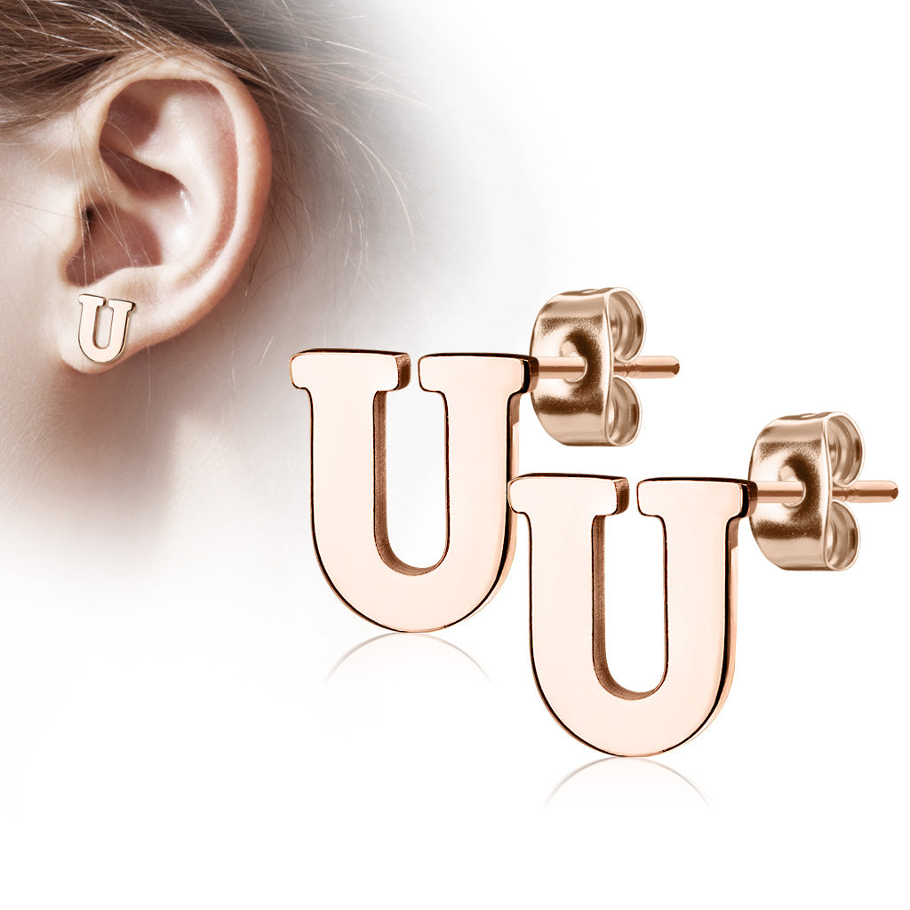 Alphabet Initial Earrings Rose Gold IP 316L Stainless Steel