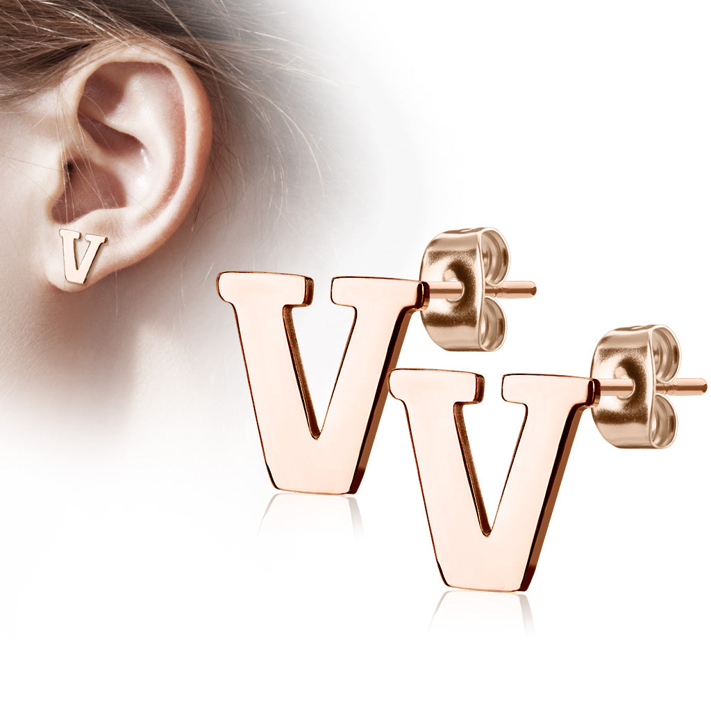 Alphabet Initial Earrings Rose Gold IP 316L Stainless Steel