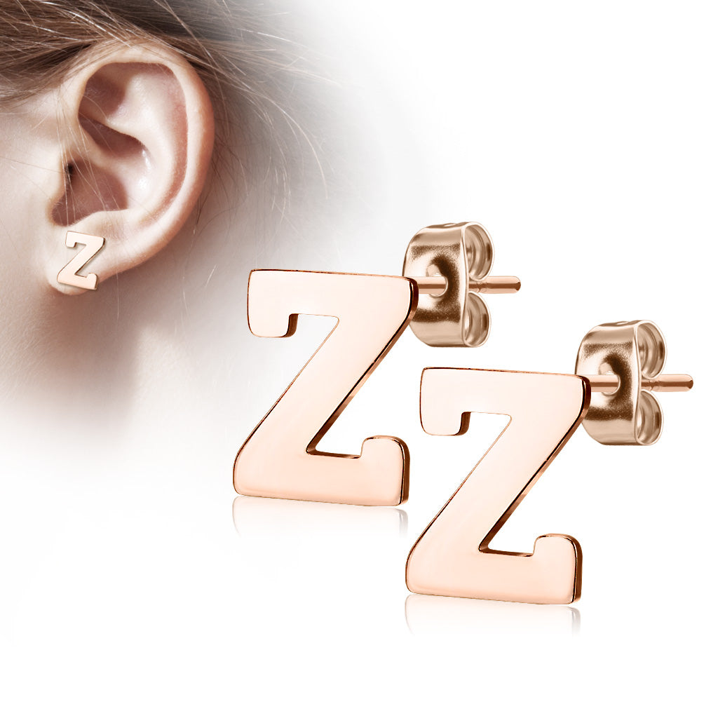 Alphabet Initial Earrings Rose Gold IP 316L Stainless Steel