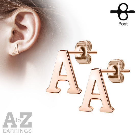 Alphabet Initial Earrings Rose Gold IP 316L Stainless Steel