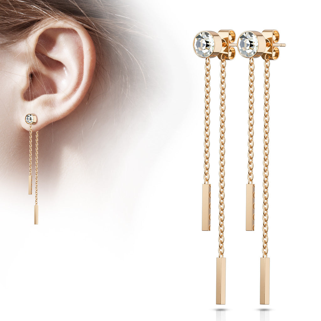 PAIR of Bezel Set Gem w/Double Bar Chains 20g Earring Studs