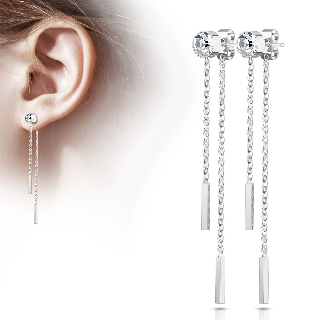 PAIR of Bezel Set Gem w/Double Bar Chains 20g Earring Studs