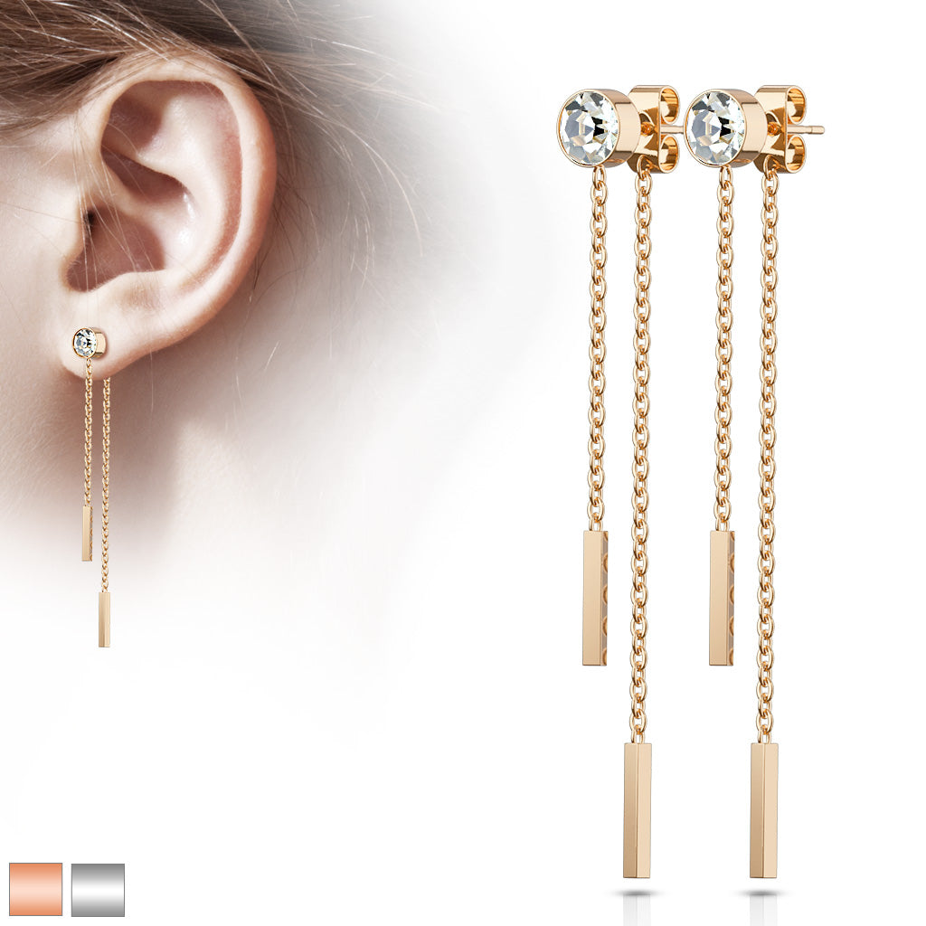 PAIR of Bezel Set Gem w/Double Bar Chains 20g Earring Studs