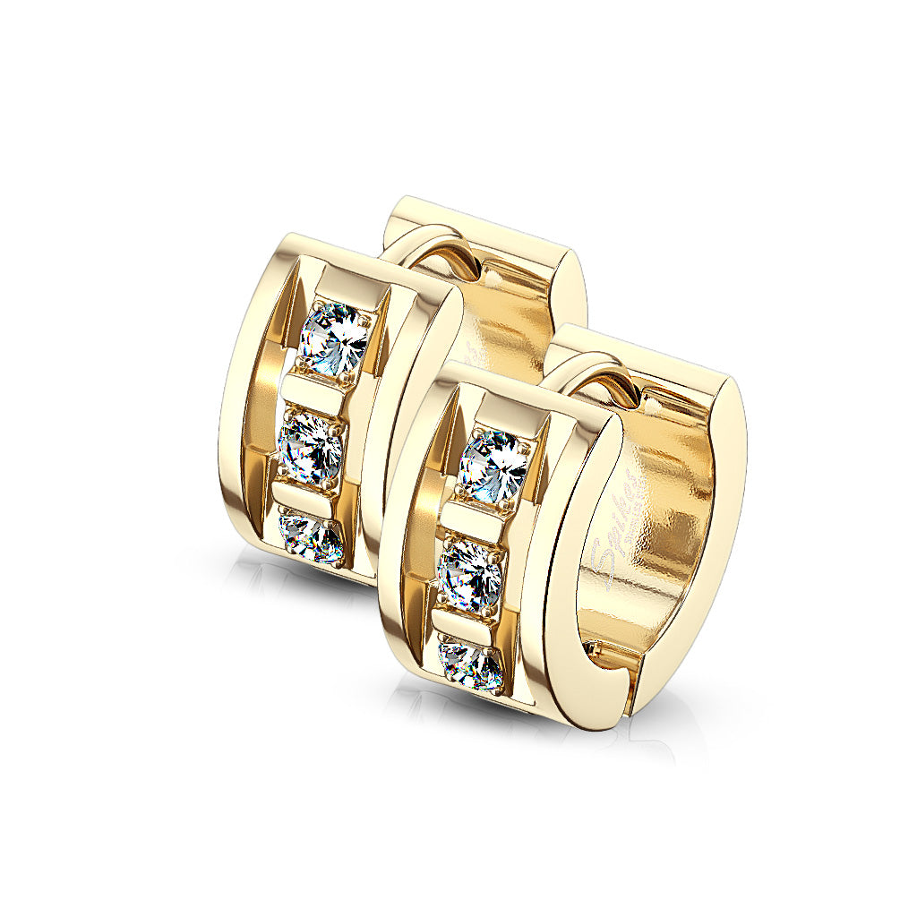 PAIR of Hoop Hinged Huggie Earrings 3 CNC Set CZ Gems