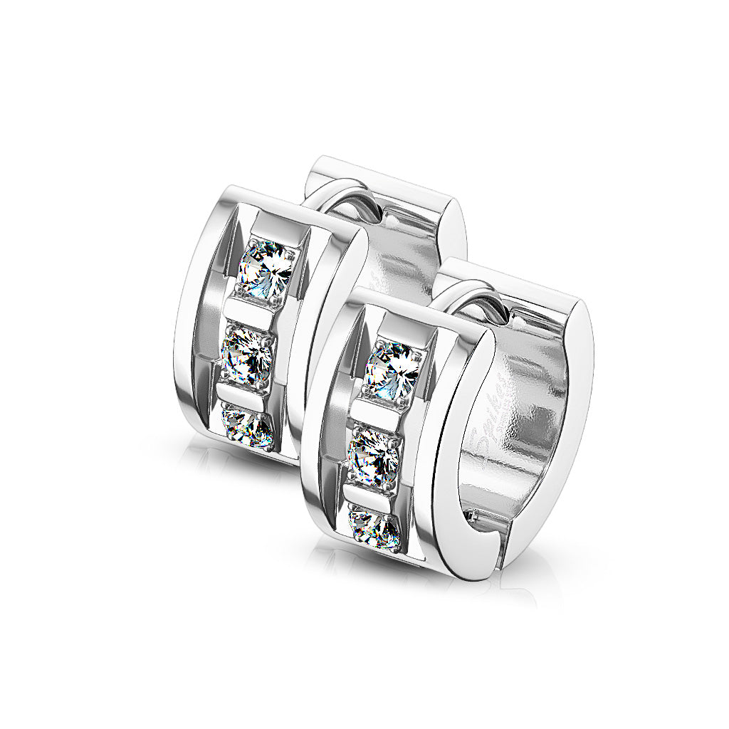 PAIR of Hoop Hinged Huggie Earrings 3 CNC Set CZ Gems