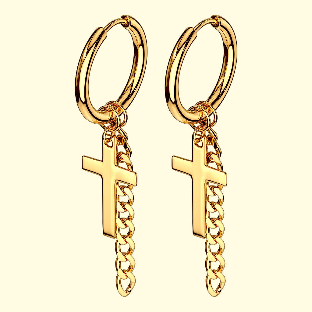 PAIR 316L Steel Hinge Action 20g Seamless Hoop Earrings w/ Cross & Chain Dangle