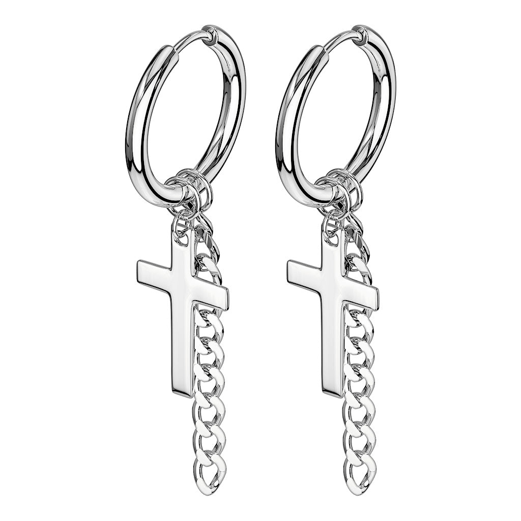 PAIR 316L Steel Hinge Action 20g Seamless Hoop Earrings w/ Cross & Chain Dangle