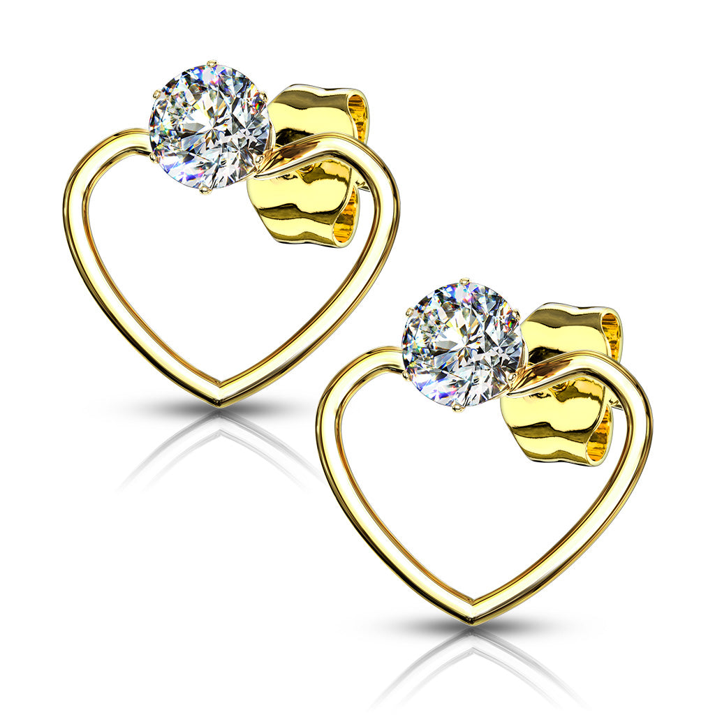 PAIR of CZ Gem Solitaire IP Stainless Steel 20g Earrings w/ Heart