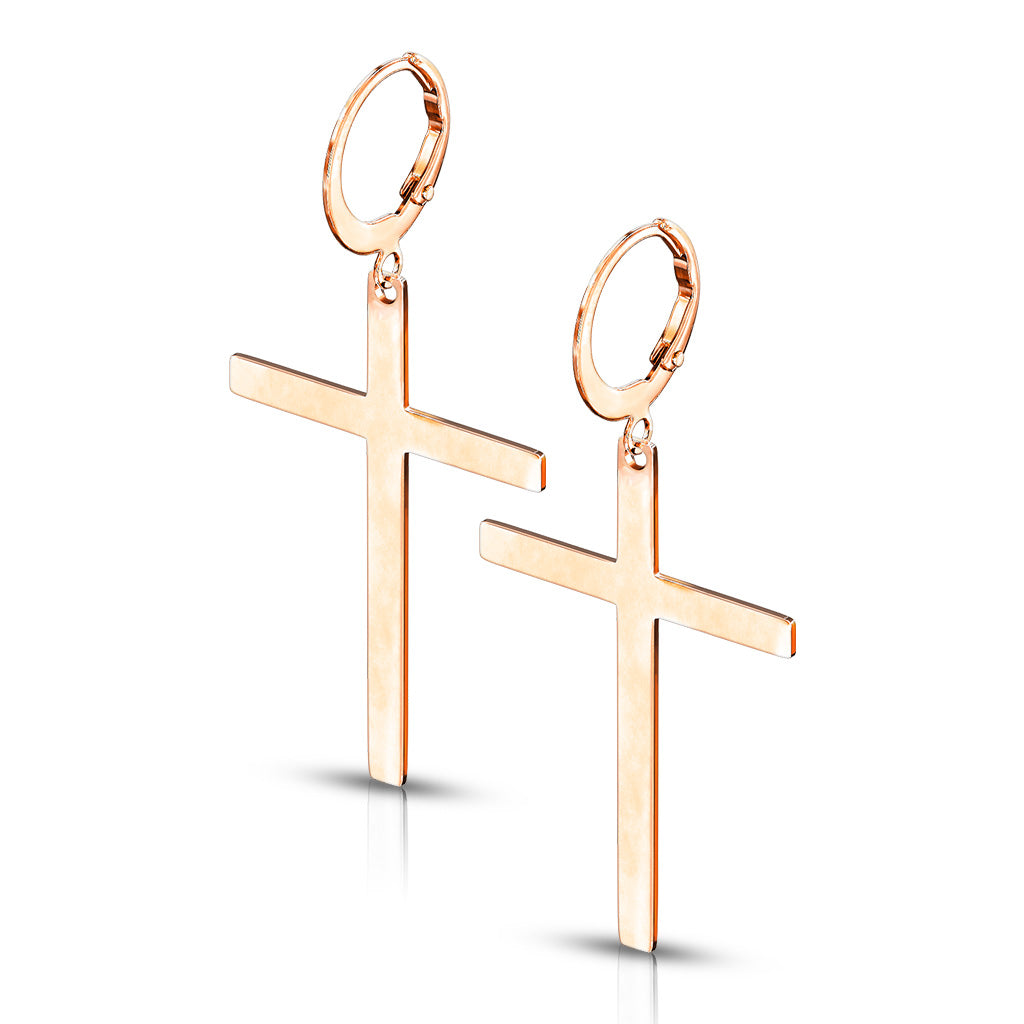 PAIR Hoop Earrings w/ Large Cross Dangle Stainless Steel - Gold, Black or Silver