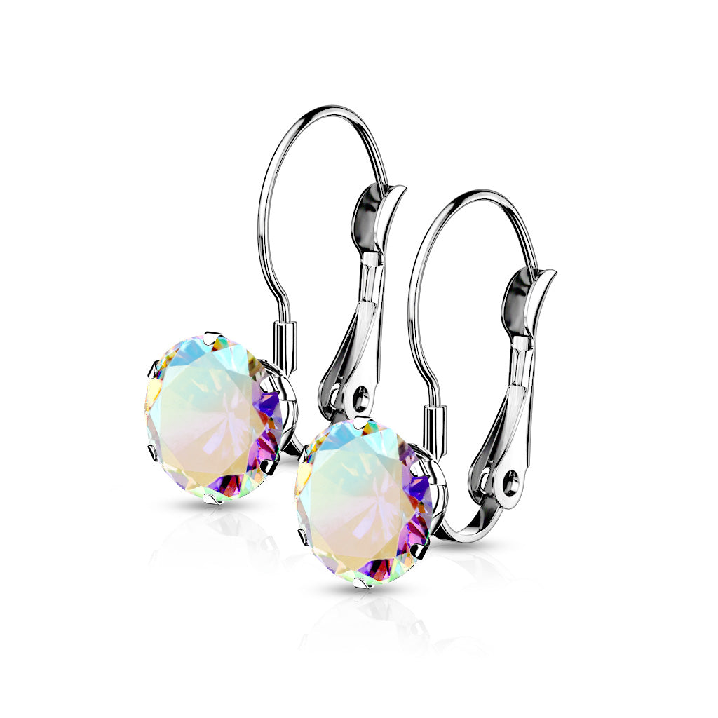 PAIR of Round CZ Gem Earrings w/ Lever Back 20g 316L Stainless Steel