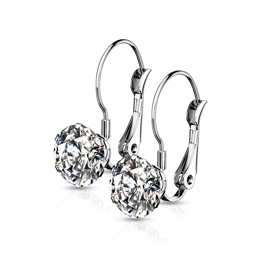PAIR of Round CZ Gem Earrings w/ Lever Back 20g 316L Stainless Steel