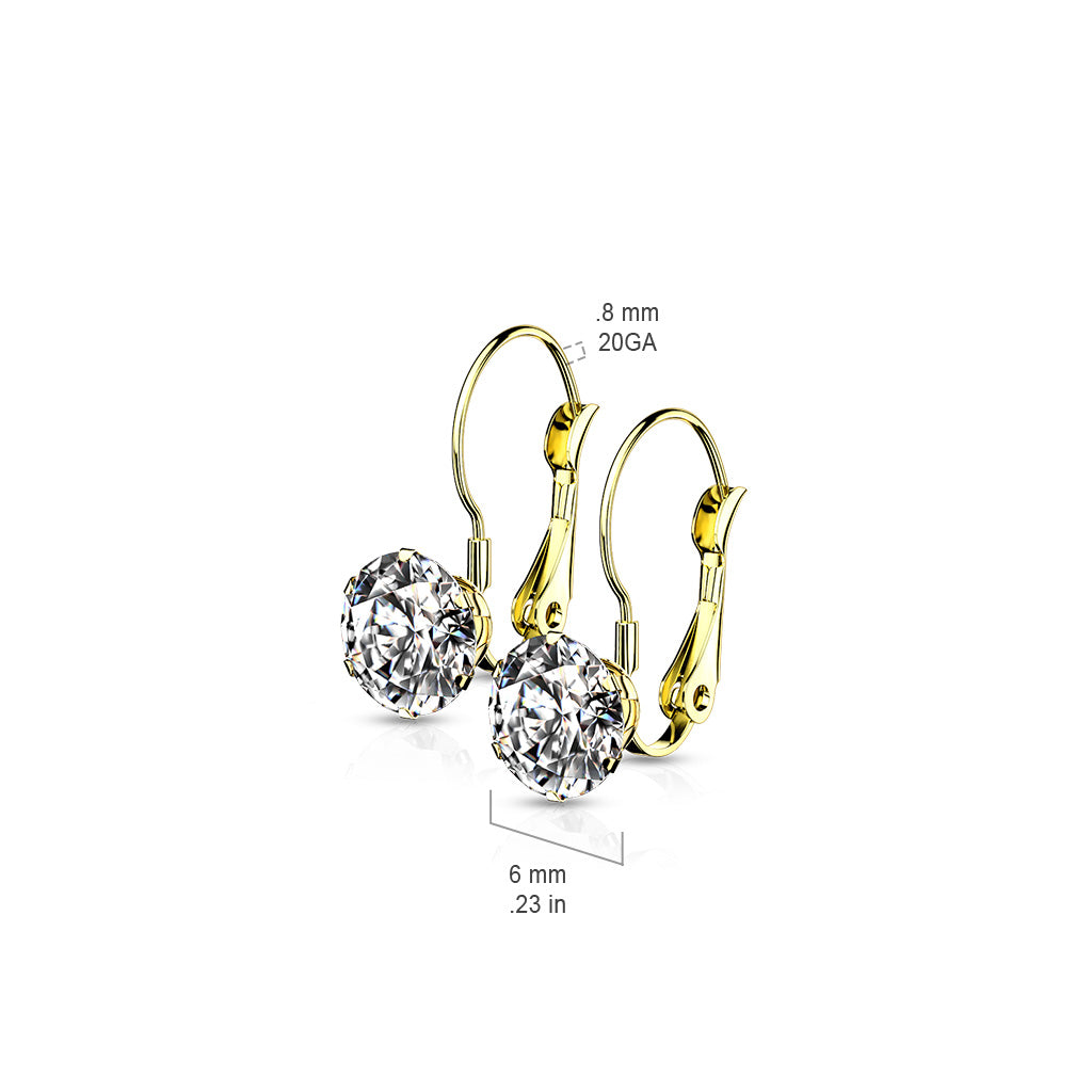 PAIR of Round CZ Gem Earrings w/ Lever Back 20g 316L Stainless Steel