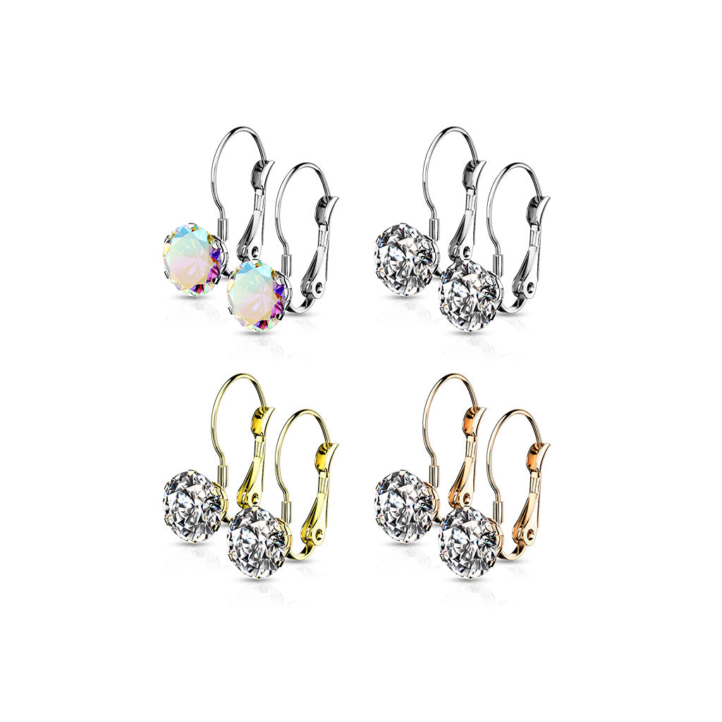 PAIR of Round CZ Gem Earrings w/ Lever Back 20g 316L Stainless Steel