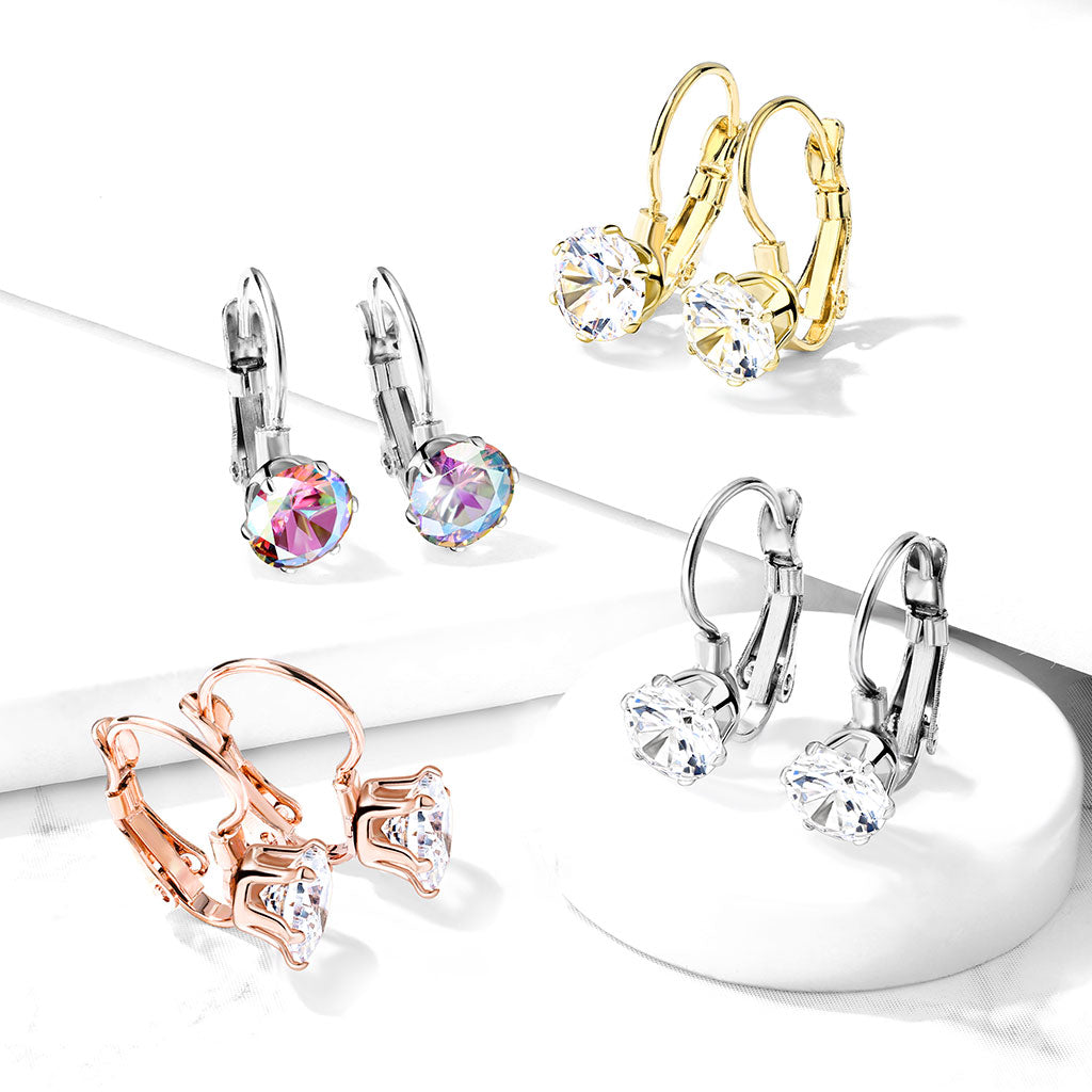 PAIR of Round CZ Gem Earrings w/ Lever Back 20g 316L Stainless Steel