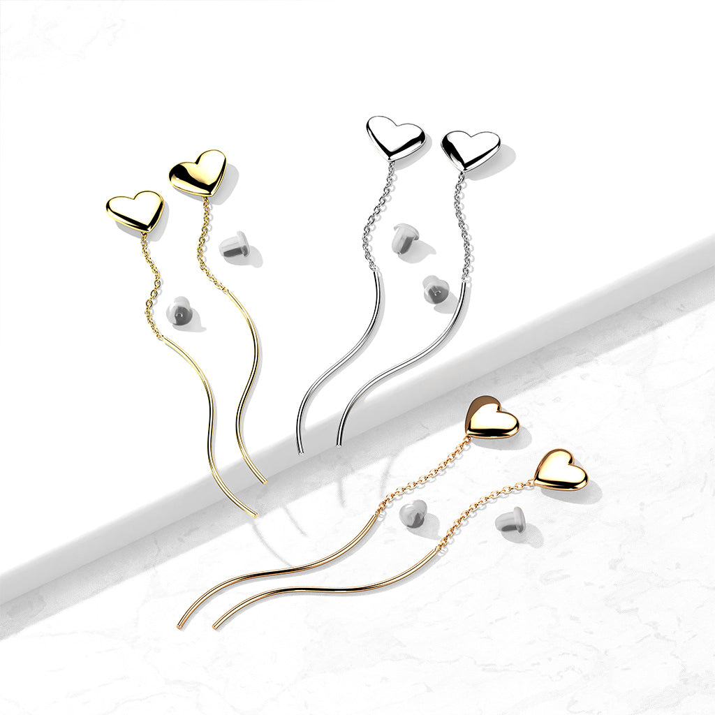 PAIR of Surgical Steel Heart and Wave Bar Dangle Threader Earrings Chain 20g