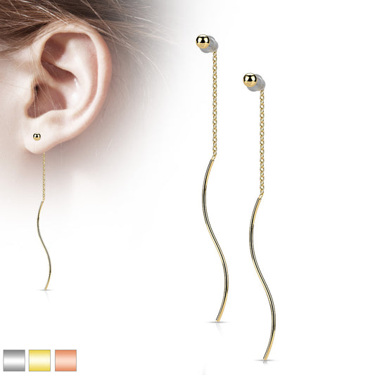 PAIR of Surgical Steel Ball and Wave Bar Dangle Threader Earrings Chain 20g