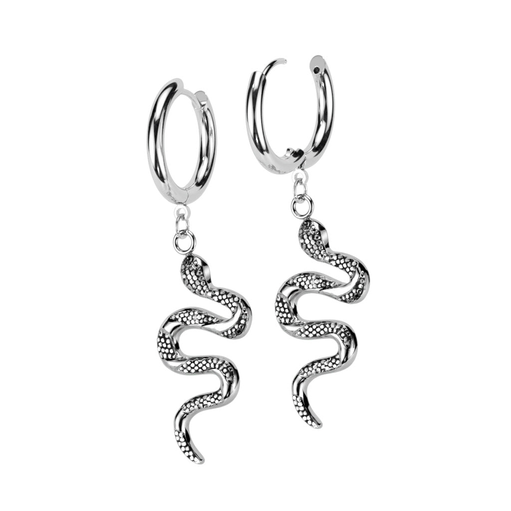 PAIR Dangling Snake Hoop Earrings 316L Stainless Steel Hinge Action 20g