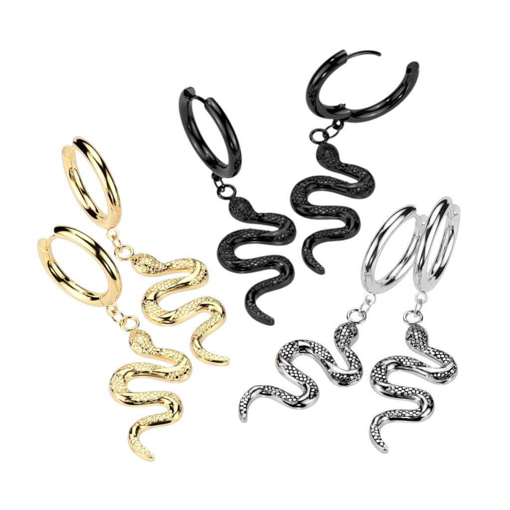 PAIR Dangling Snake Hoop Earrings 316L Stainless Steel Hinge Action 20g