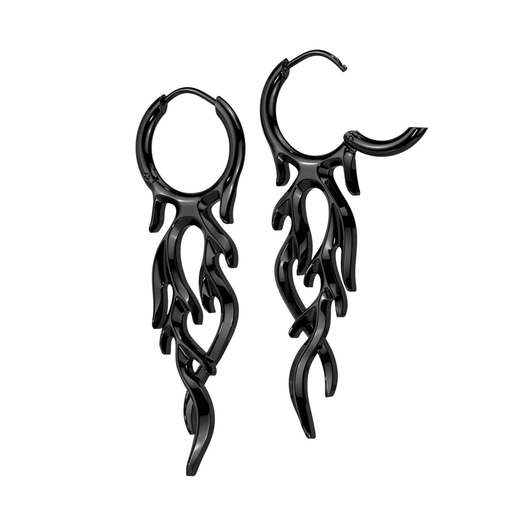 PAIR of 18g Hoop Earrings w/ Flames Dangle Stainless Steel Fire -Black or Silver