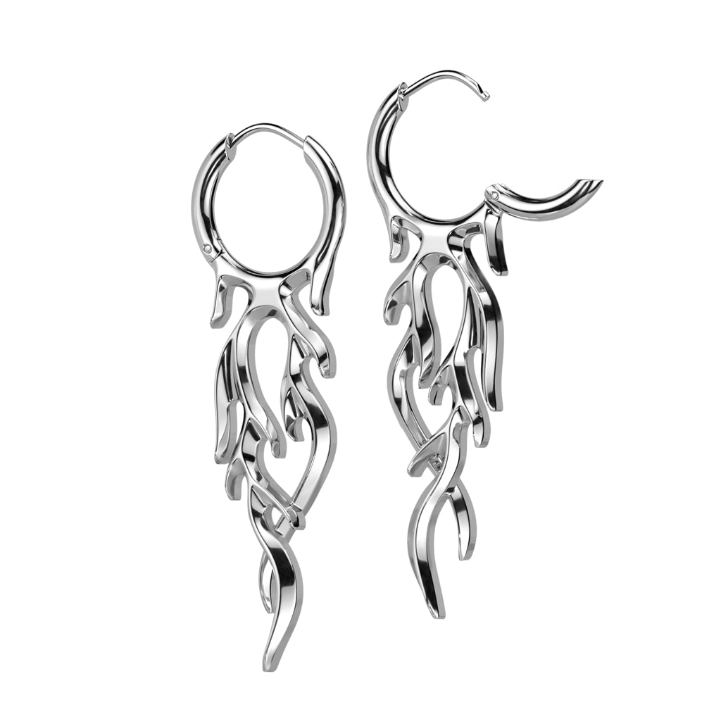 PAIR of 18g Hoop Earrings w/ Flames Dangle Stainless Steel Fire -Black or Silver