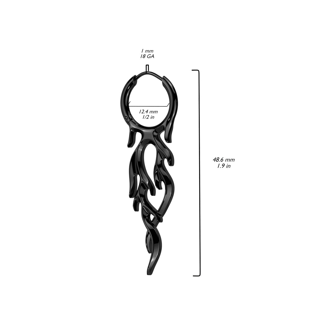 PAIR of 18g Hoop Earrings w/ Flames Dangle Stainless Steel Fire -Black or Silver