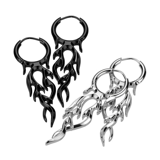 PAIR of 18g Hoop Earrings w/ Flames Dangle Stainless Steel Fire -Black or Silver