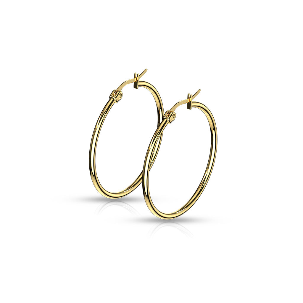 PAIR of Round Hoop Earrings 22g Gold Ion Plated Stainless Steel