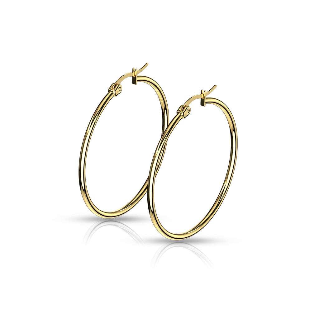 PAIR of Round Hoop Earrings 22g Gold Ion Plated Stainless Steel