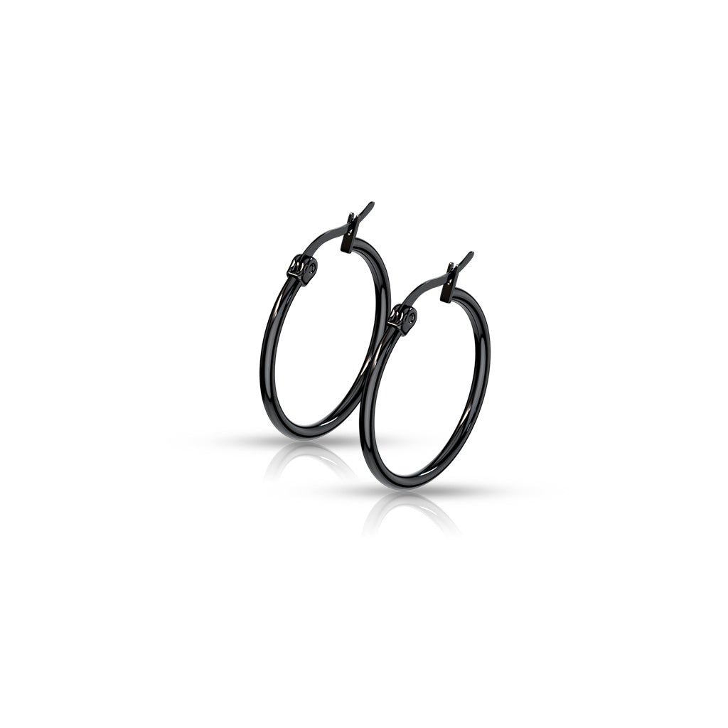 PAIR of Round Hoop Earrings 22g Black Ion Plated Stainless Steel