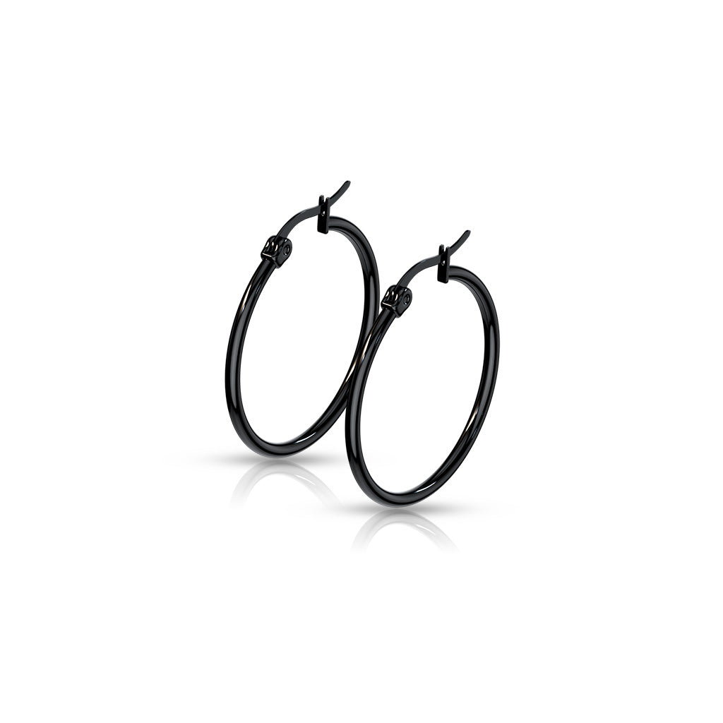 PAIR of Round Hoop Earrings 22g Black Ion Plated Stainless Steel