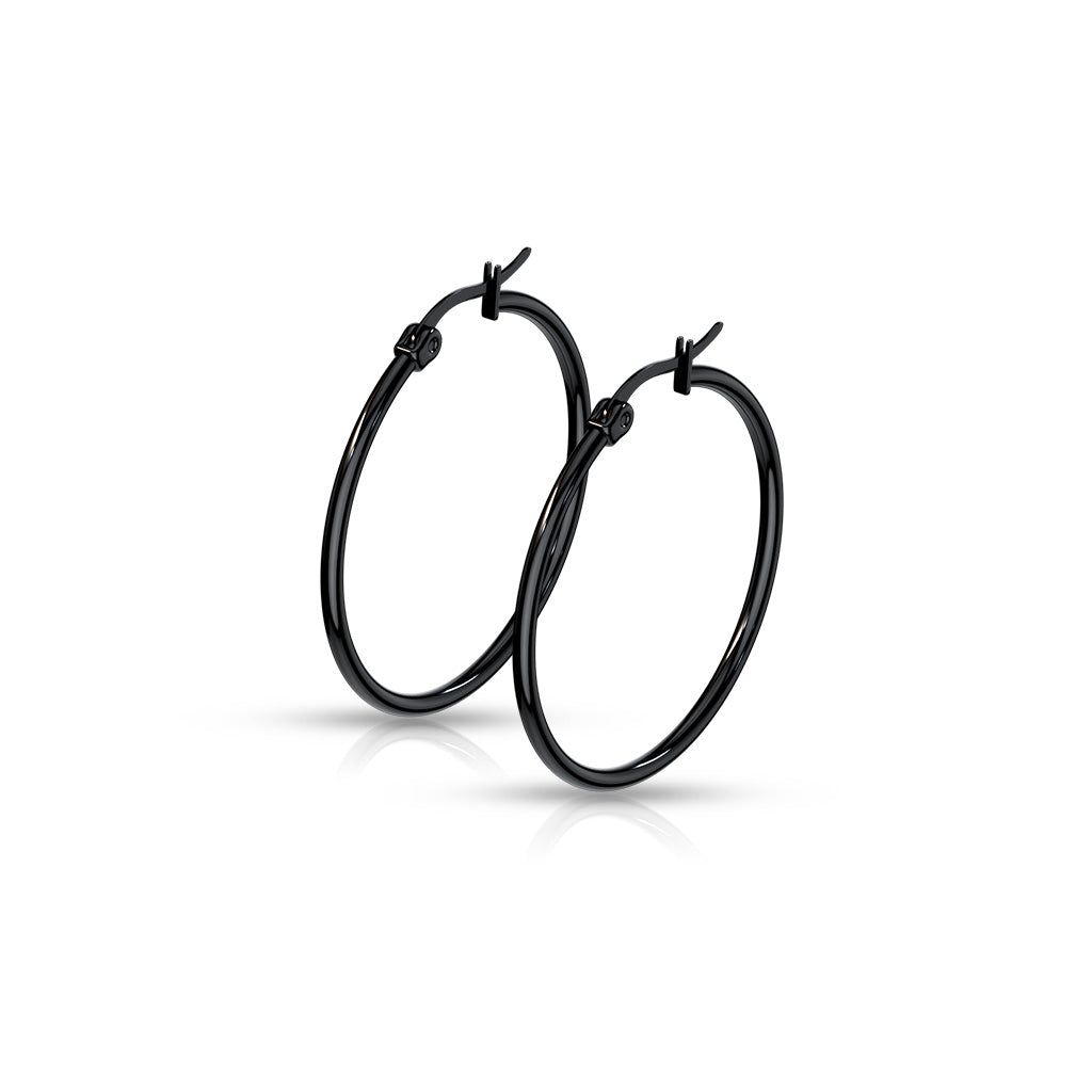 PAIR of Round Hoop Earrings 22g Black Ion Plated Stainless Steel