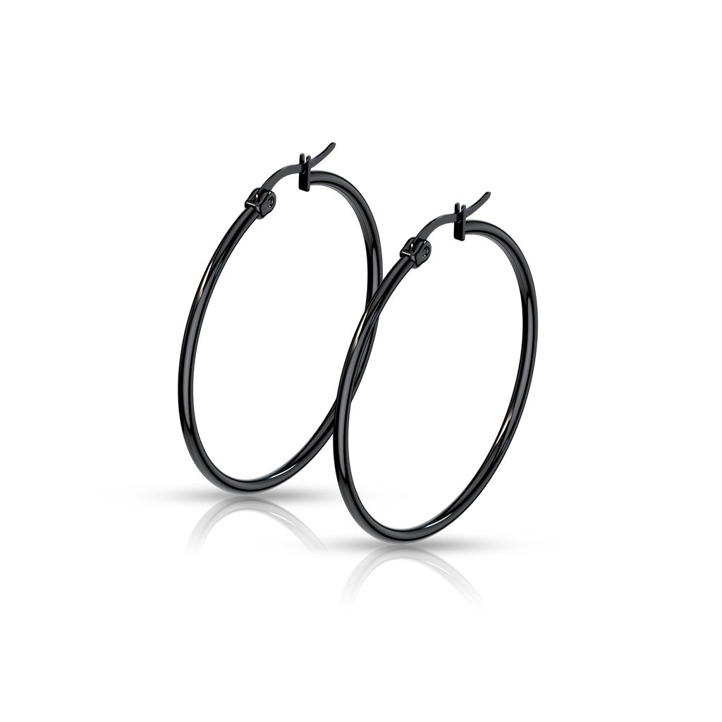 PAIR of Round Hoop Earrings 22g Black Ion Plated Stainless Steel