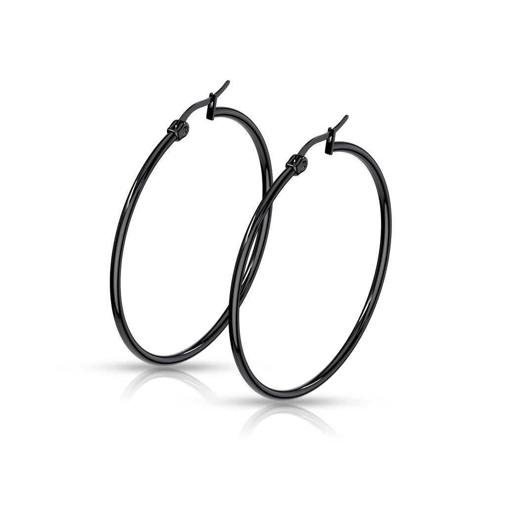 PAIR of Round Hoop Earrings 22g Black Ion Plated Stainless Steel