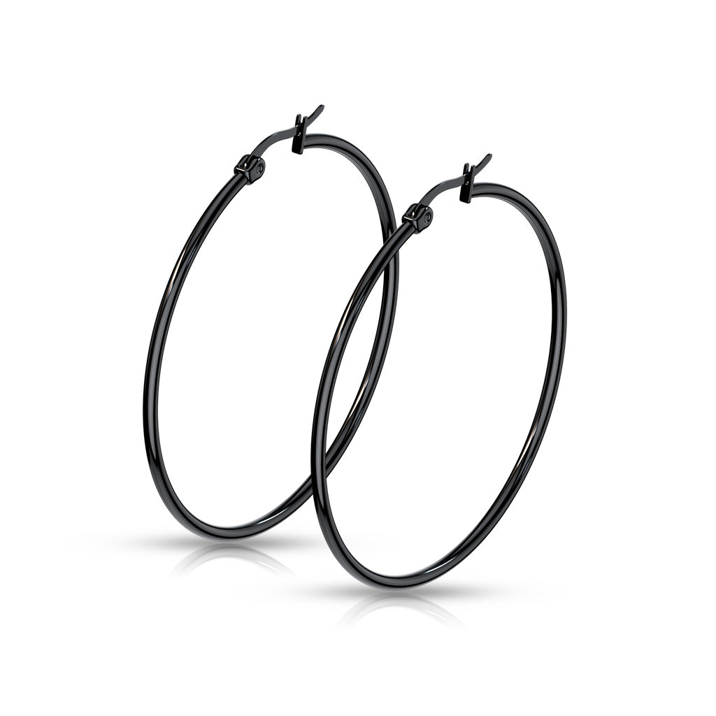 PAIR of Round Hoop Earrings 22g Black Ion Plated Stainless Steel