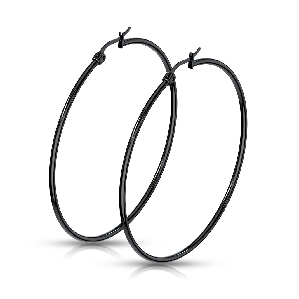PAIR of Round Hoop Earrings 22g Black Ion Plated Stainless Steel