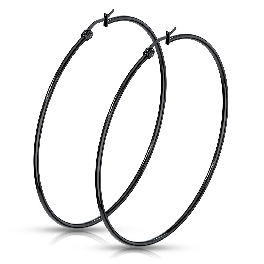 PAIR of Round Hoop Earrings 22g Black Ion Plated Stainless Steel