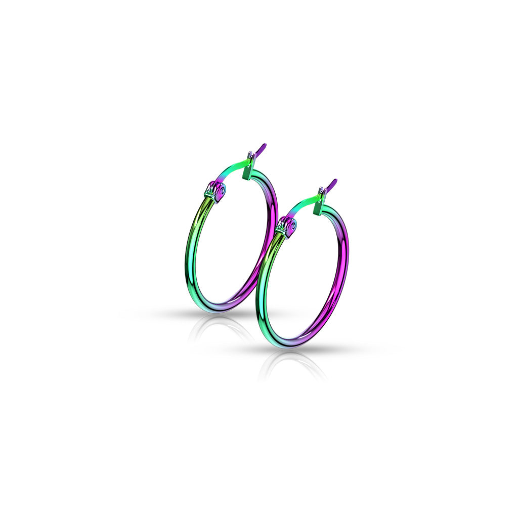 PAIR of Round Hoop Earrings 22g Rainbow Multi-color Ion Plated Stainless Steel