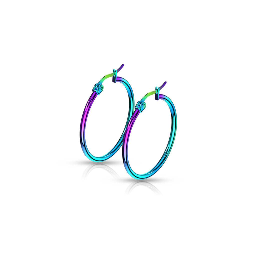 PAIR of Round Hoop Earrings 22g Rainbow Multi-color Ion Plated Stainless Steel