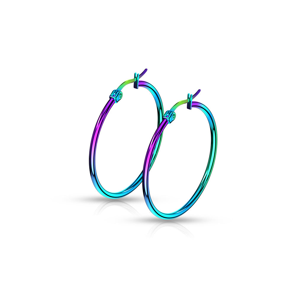 PAIR of Round Hoop Earrings 22g Rainbow Multi-color Ion Plated Stainless Steel