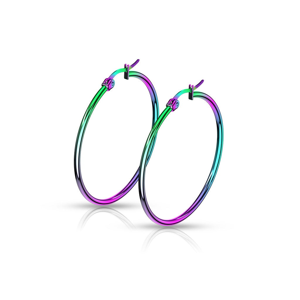 PAIR of Round Hoop Earrings 22g Rainbow Multi-color Ion Plated Stainless Steel